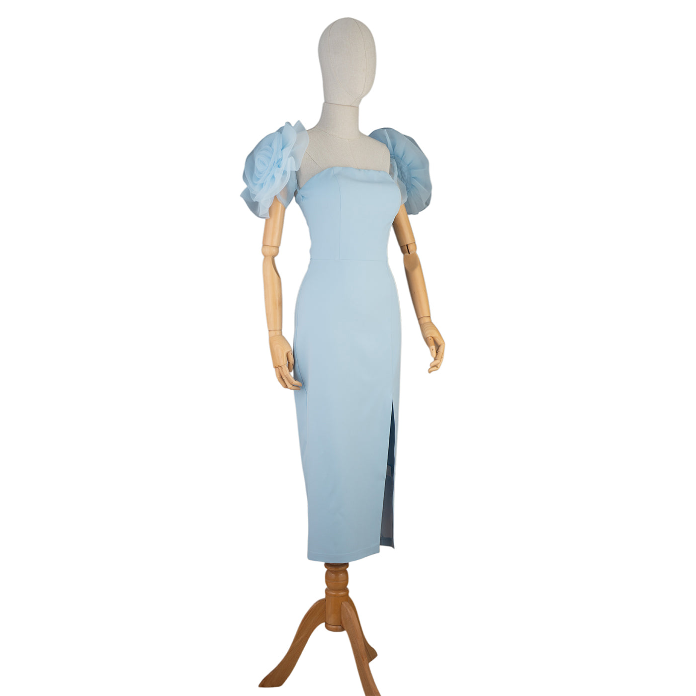 Light Blue Dress with Puffy Sleeves and Front Slit