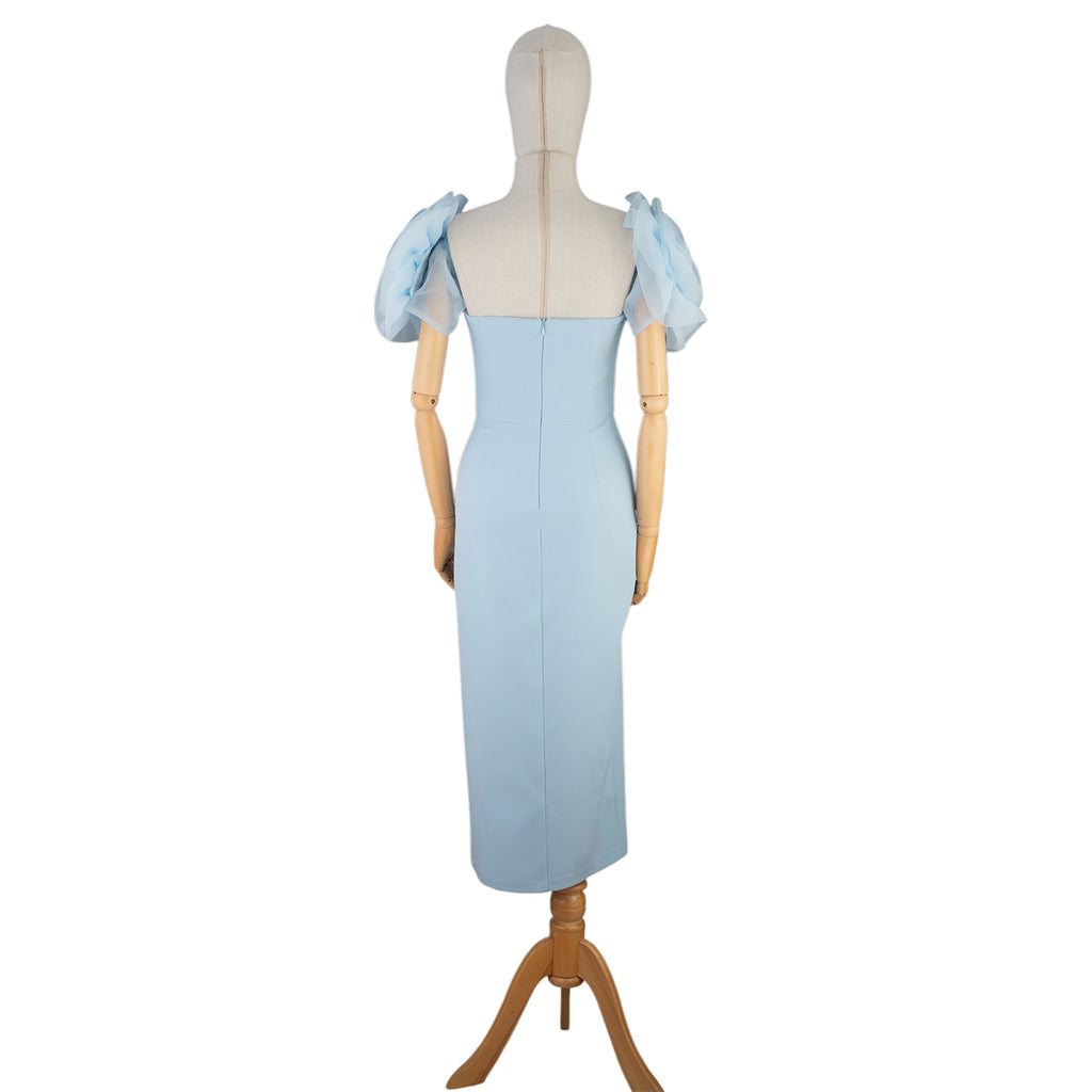 Light Blue Dress with Puffy Sleeves and Front Slit
