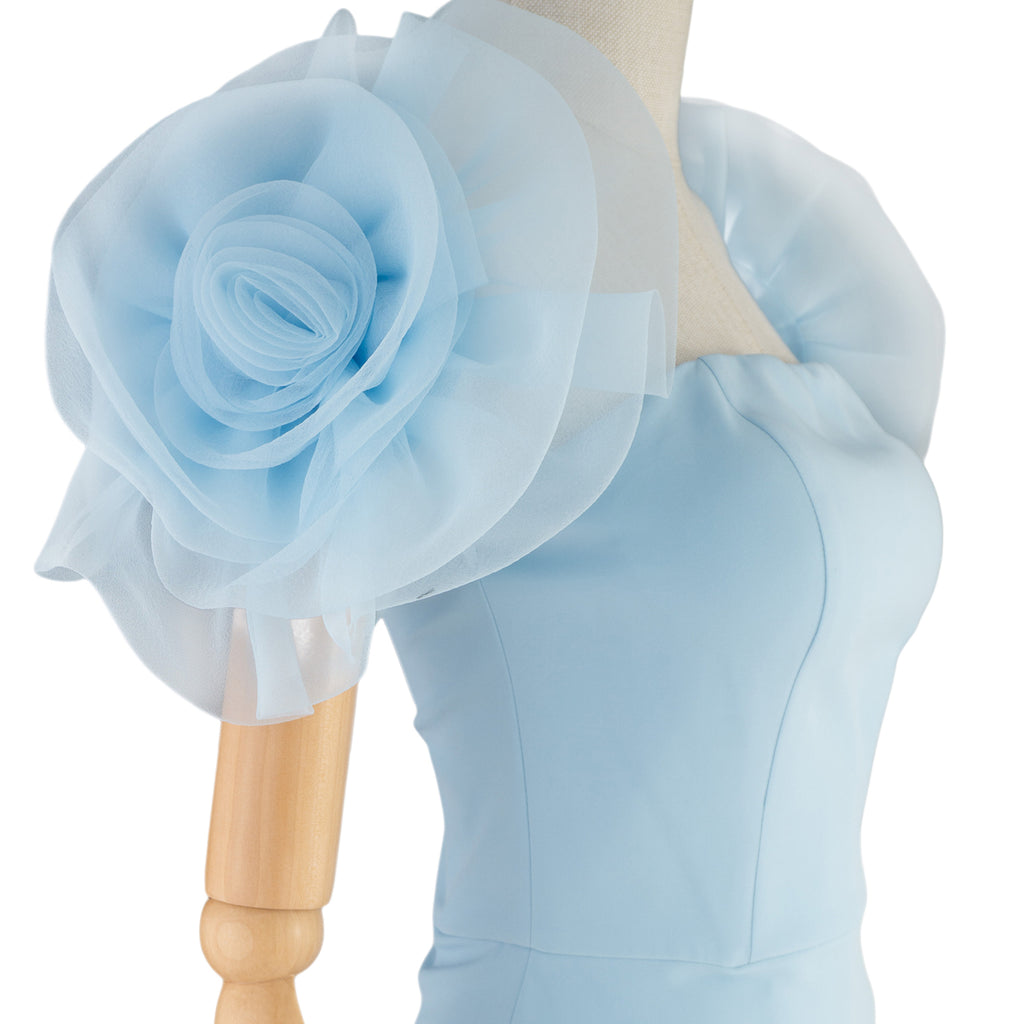 Light Blue Dress with Puffy Sleeves and Front Slit