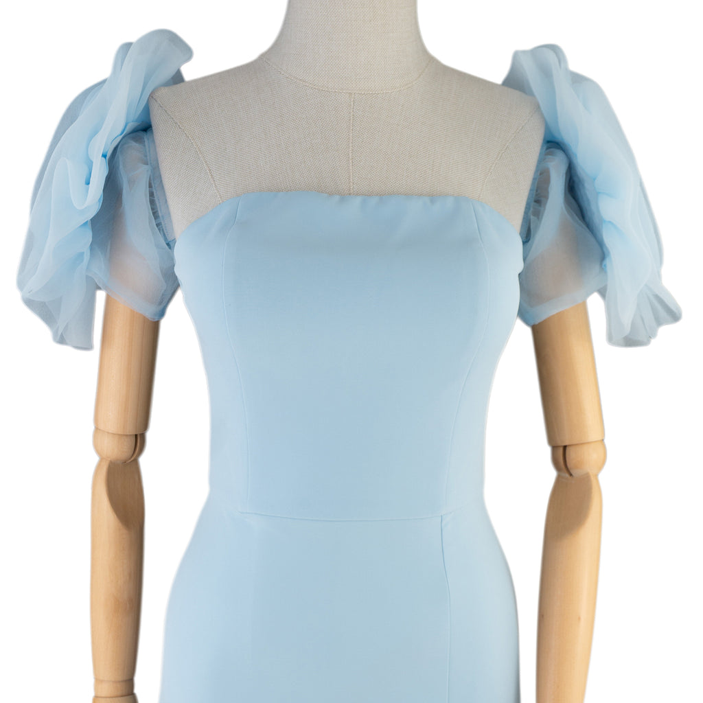 Light Blue Dress with Puffy Sleeves and Front Slit