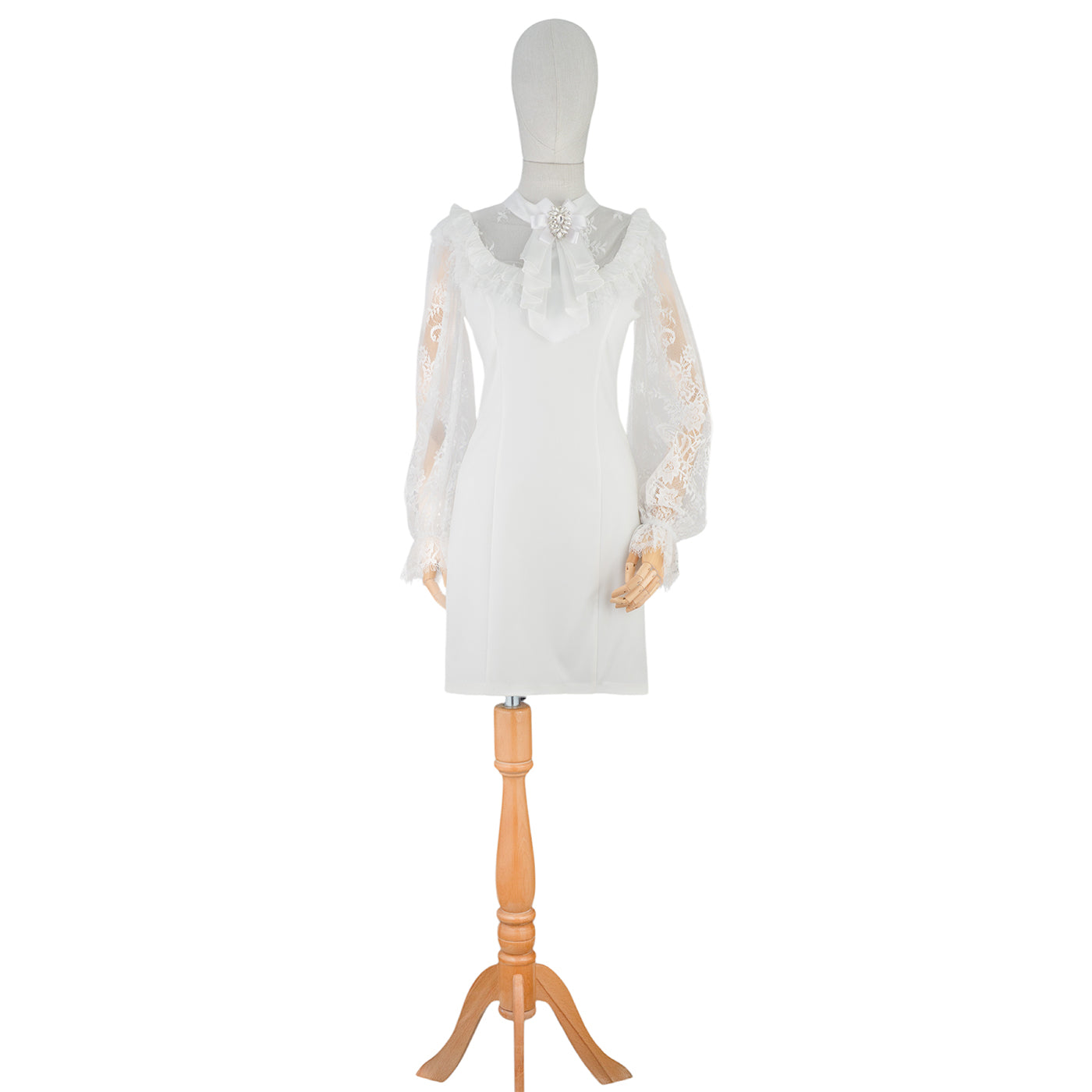 White Mini Dress with Lace Sleeves and Bow Detail