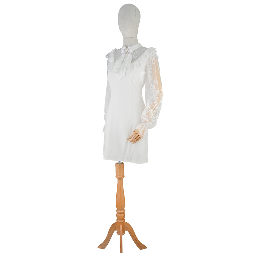 White Mini Dress with Lace Sleeves and Bow Detail