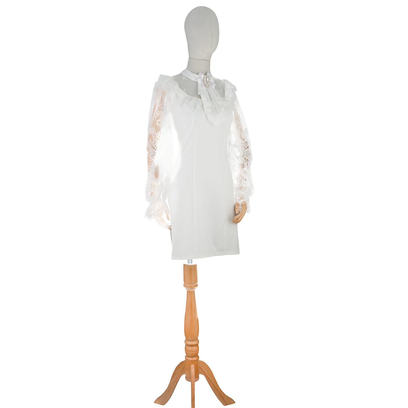 White Mini Dress with Lace Sleeves and Bow Detail