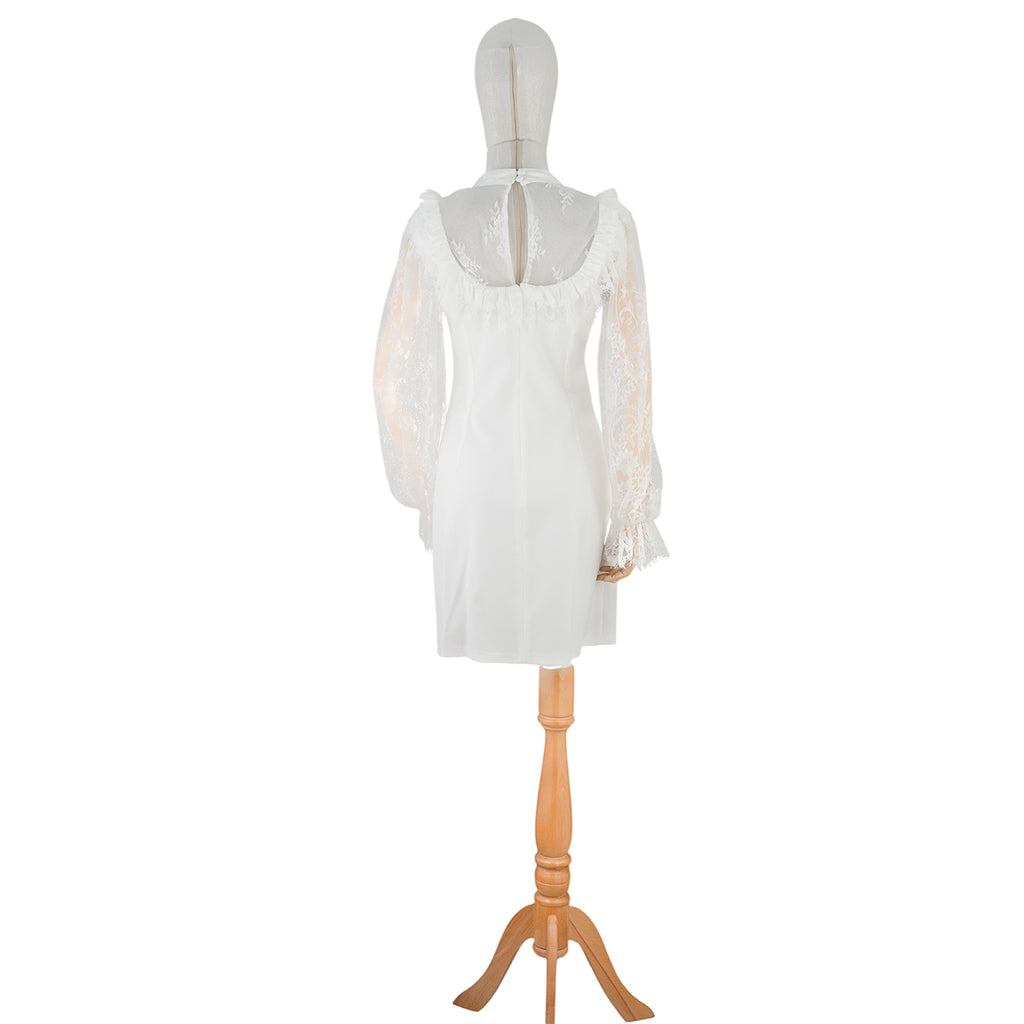 White Mini Dress with Lace Sleeves and Bow Detail