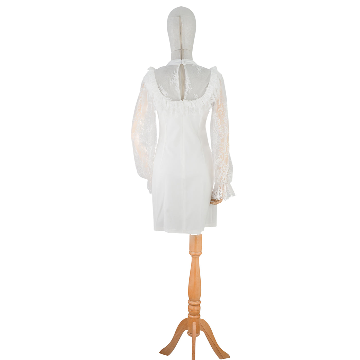 White Mini Dress with Lace Sleeves and Bow Detail