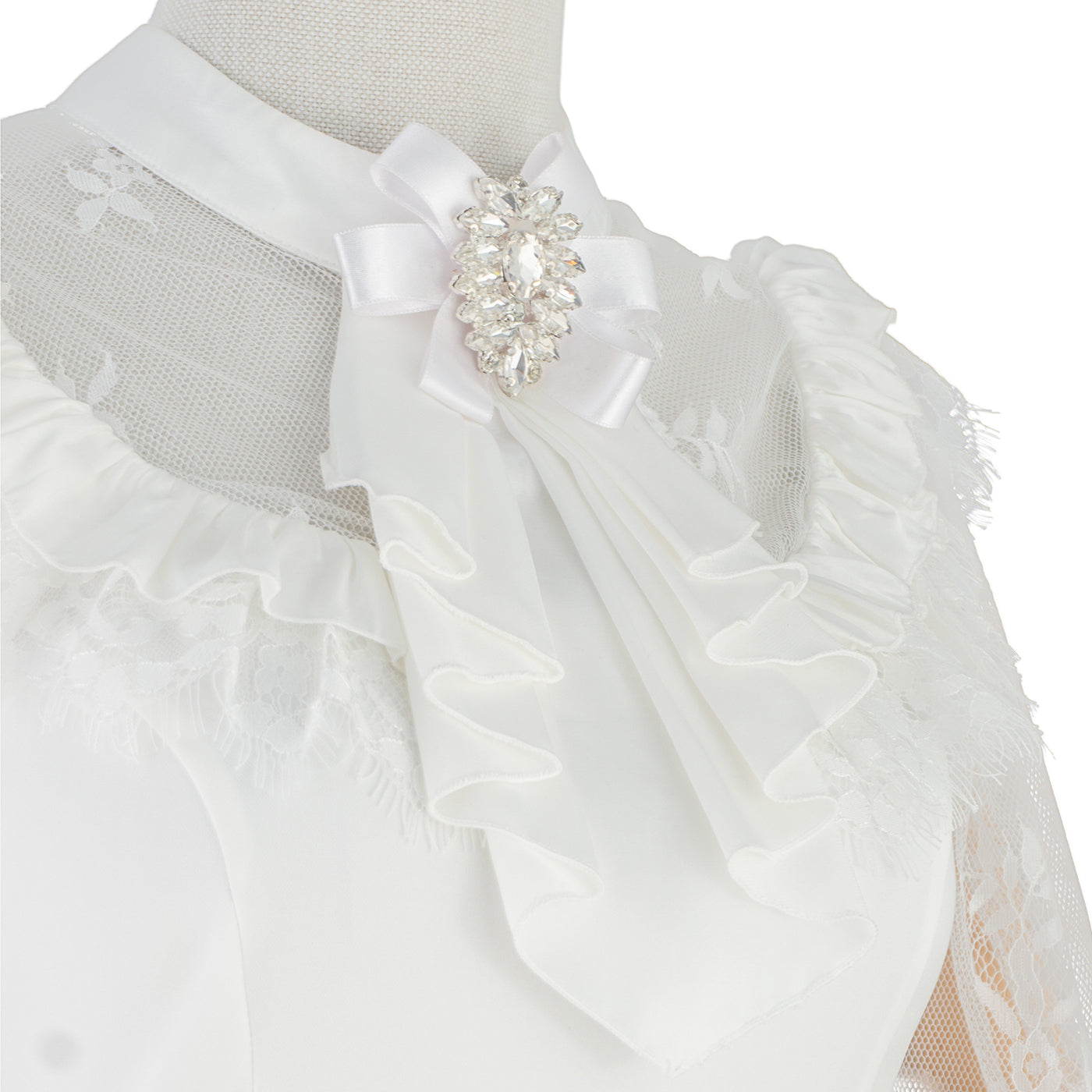 White Mini Dress with Lace Sleeves and Bow Detail