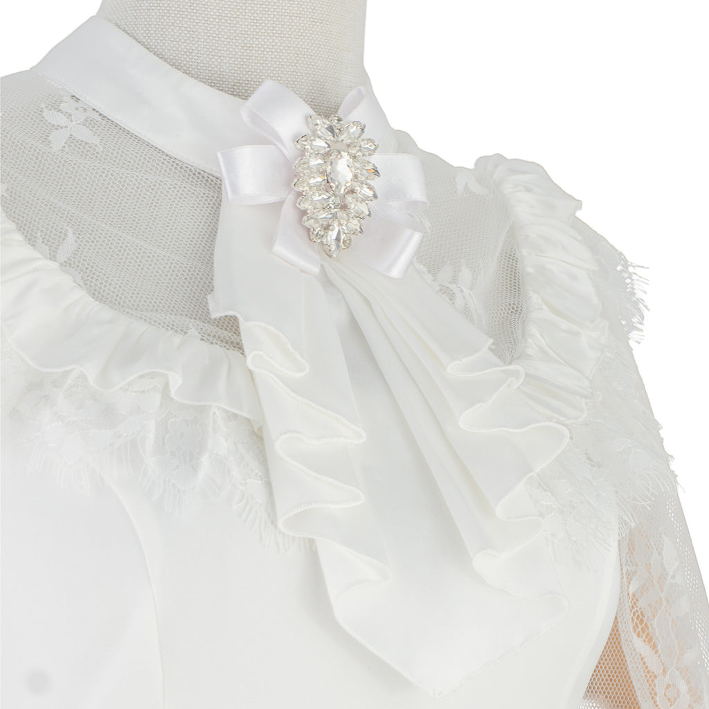 White Mini Dress with Lace Sleeves and Bow Detail