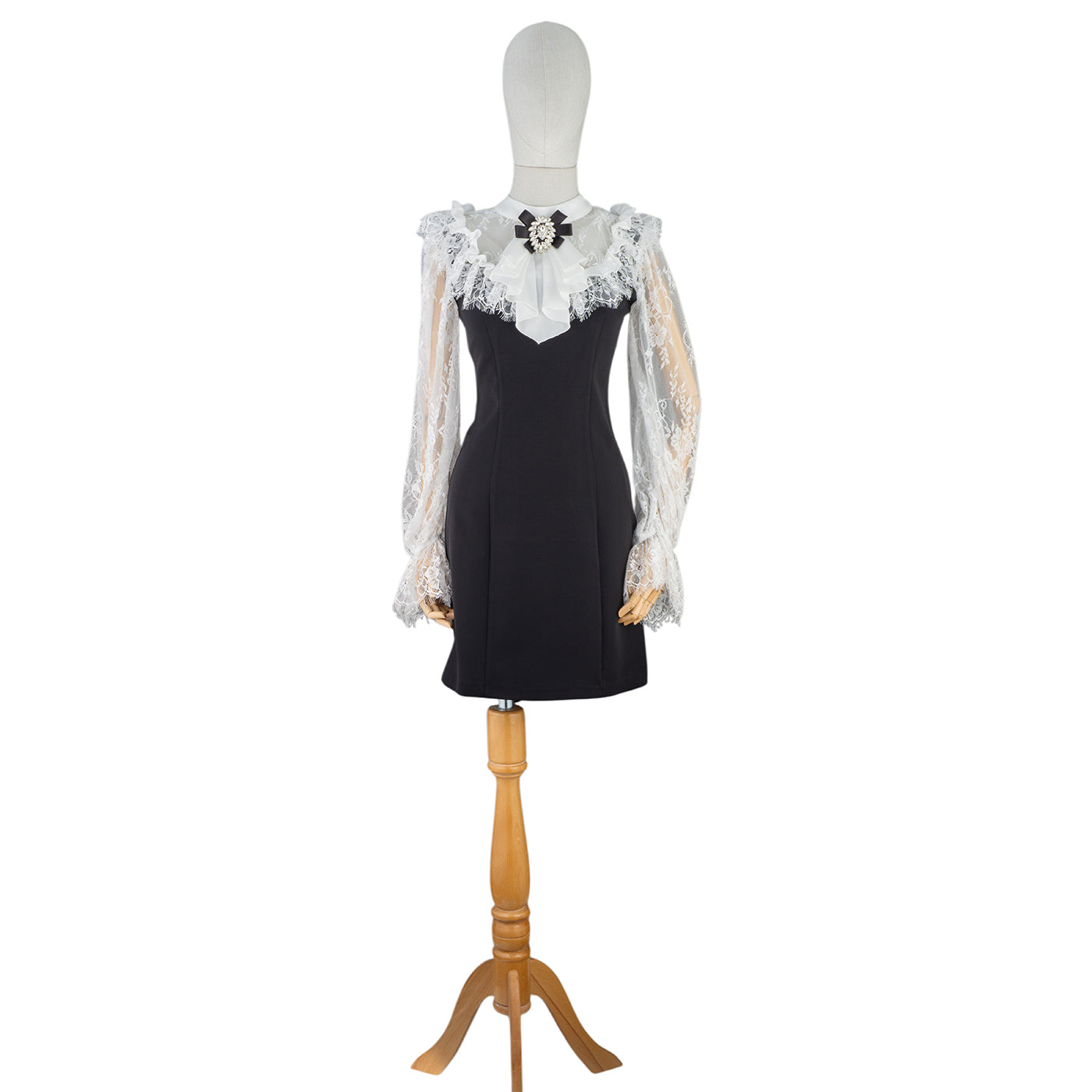 Black Mini Dress with Lace Sleeves & Vintage Bow