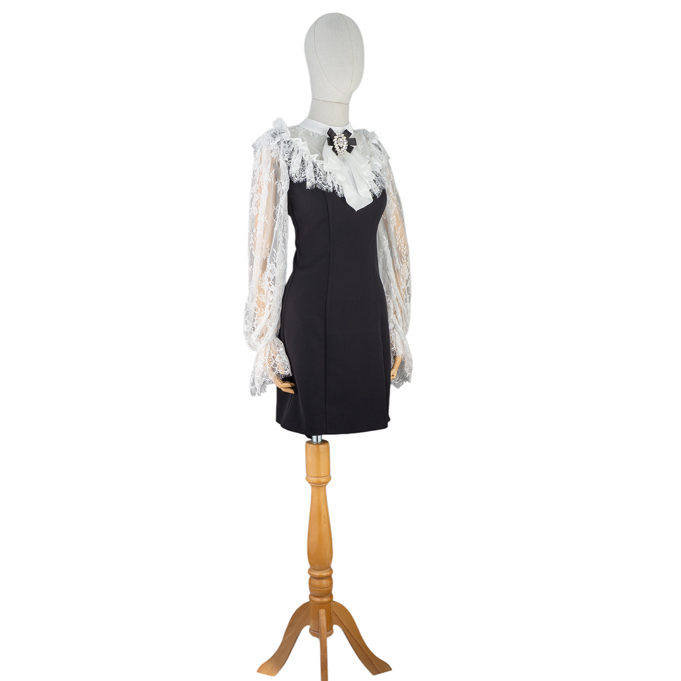 Black Mini Dress with Lace Sleeves & Vintage Bow