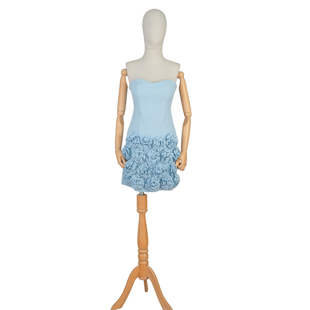 Light Blue Strapless Mini Dress with 3D Floral Skirt