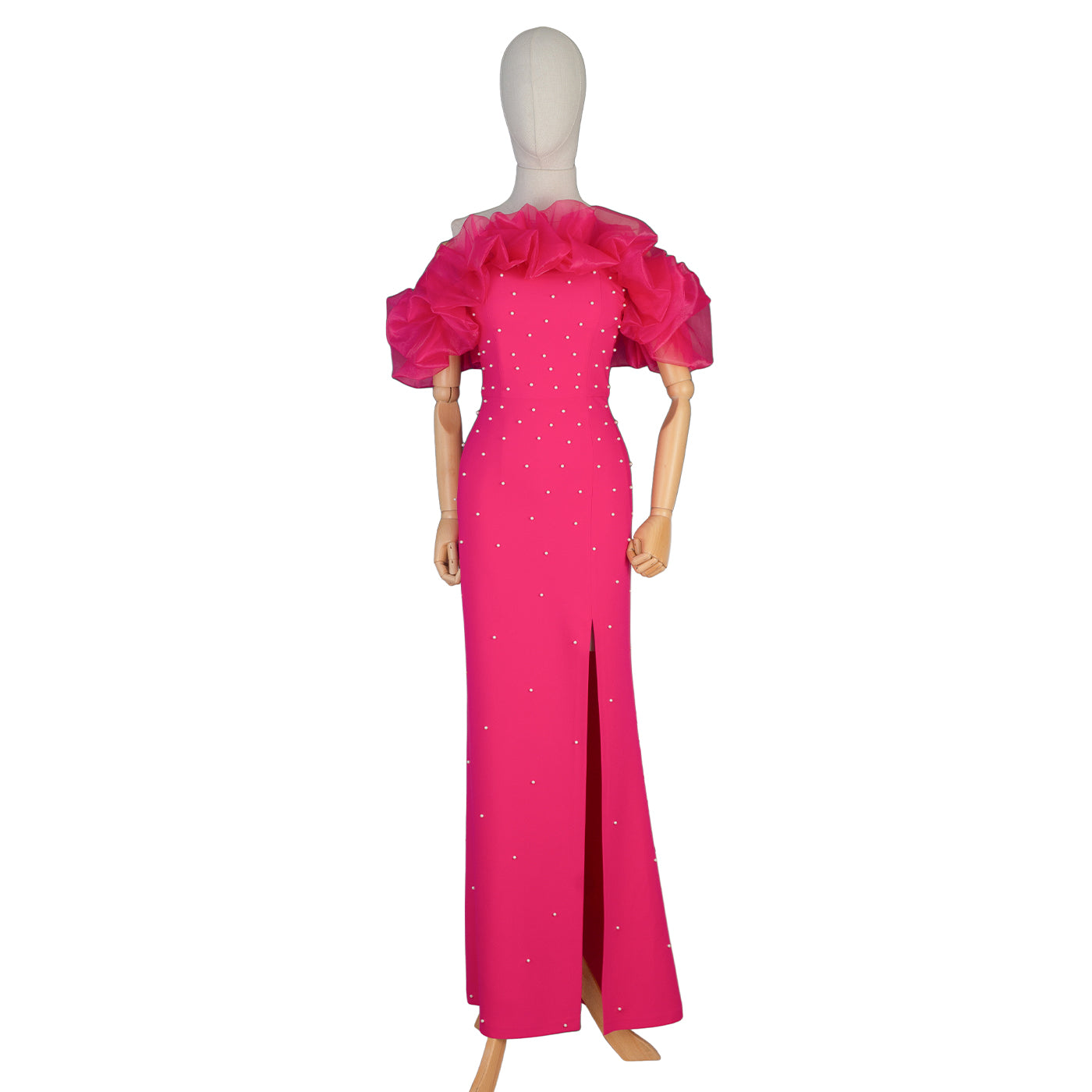 Fuchsia Evening Gown with Puffy Sleeves & Pearl Embellishment