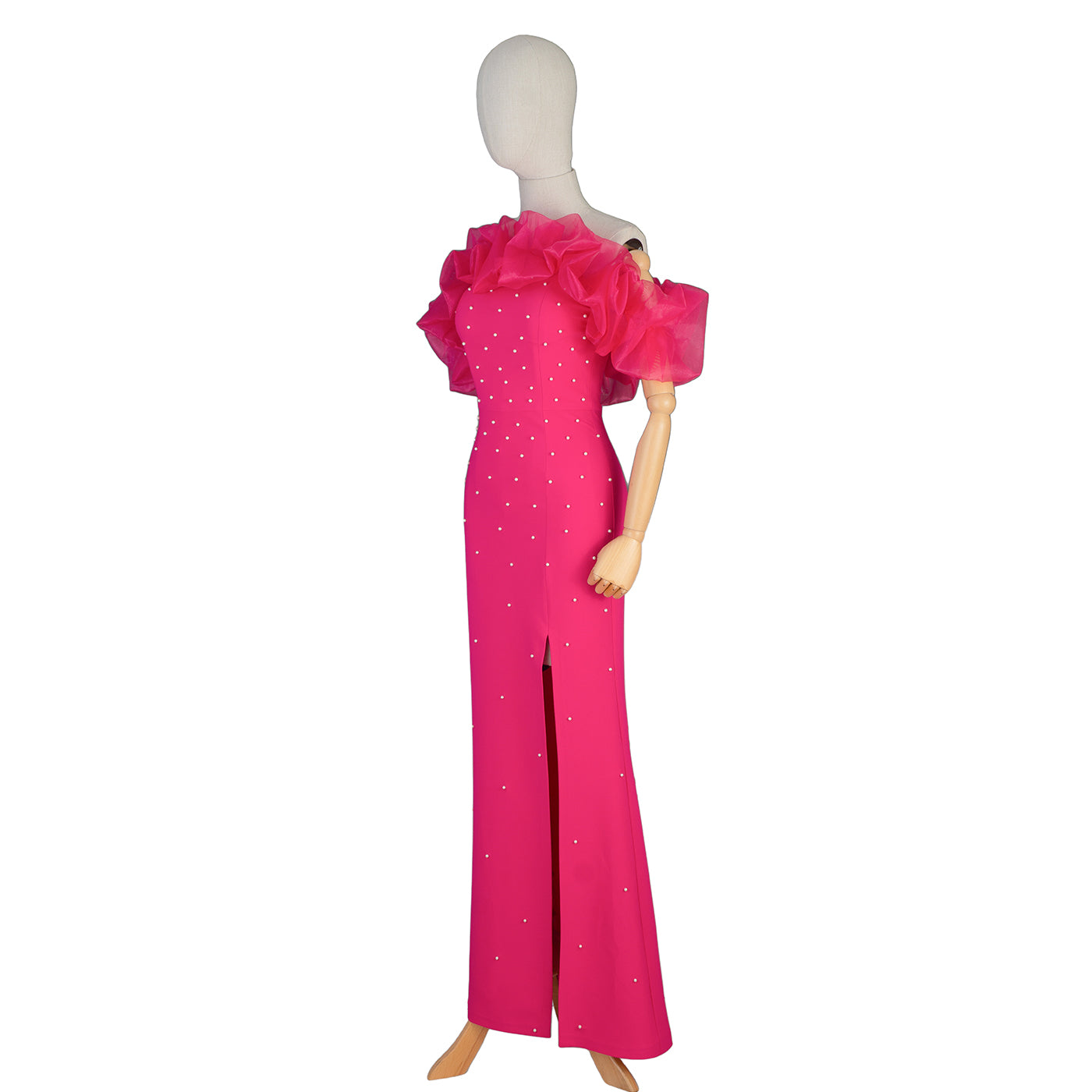 Fuchsia Evening Gown with Puffy Sleeves & Pearl Embellishment