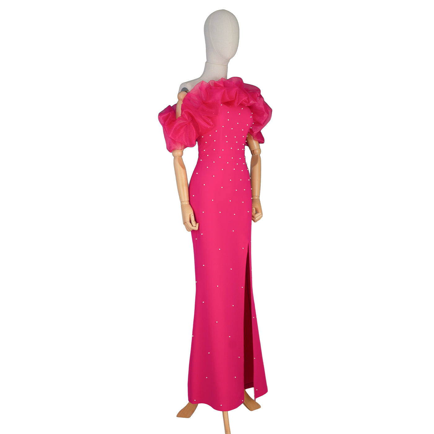 Fuchsia Evening Gown with Puffy Sleeves &amp; Pearl Embellishment