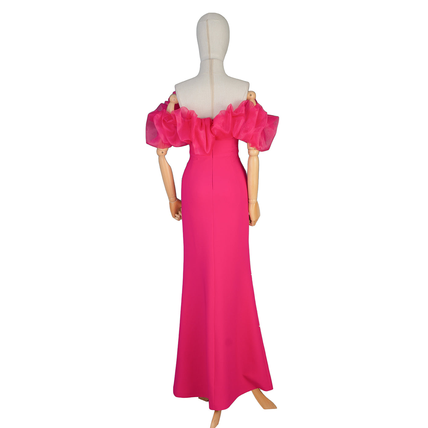 Fuchsia Evening Gown with Puffy Sleeves & Pearl Embellishment