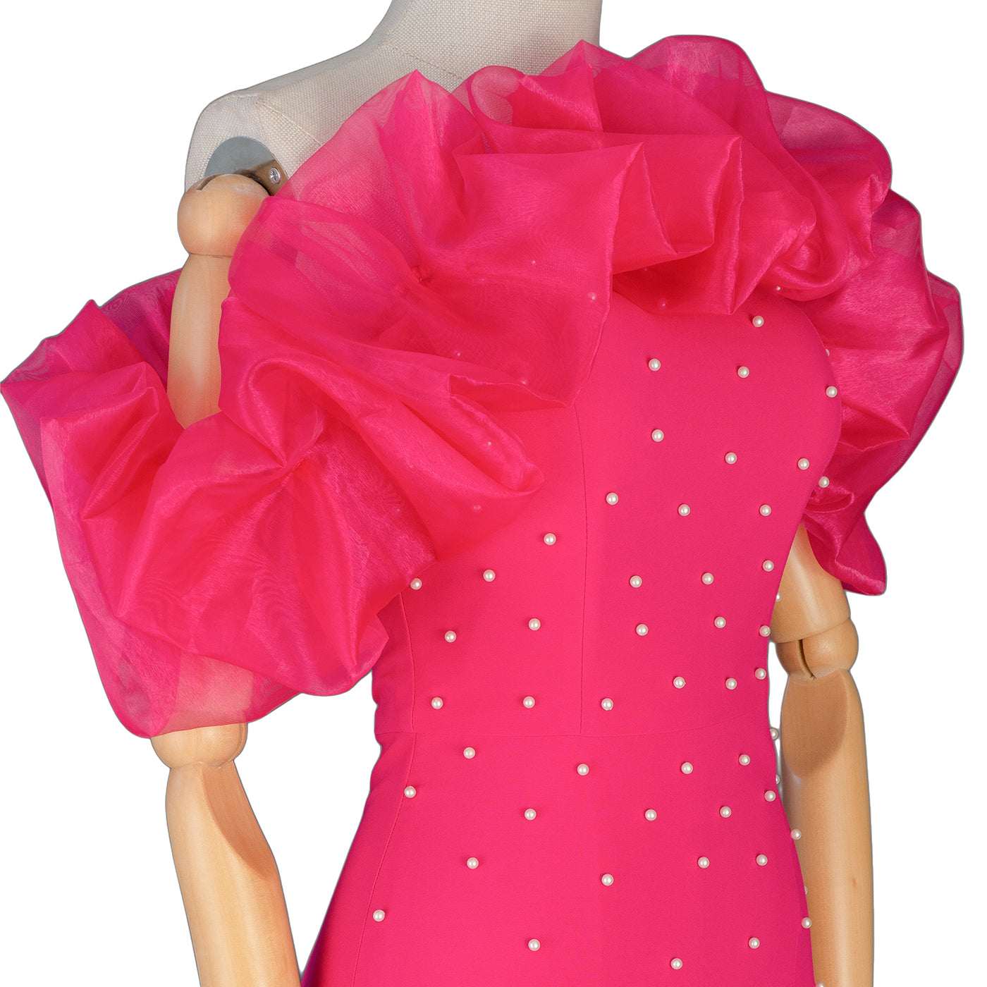 Fuchsia Evening Gown with Puffy Sleeves & Pearl Embellishment