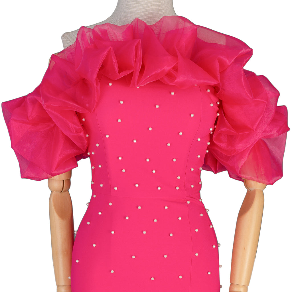 Fuchsia Evening Gown with Puffy Sleeves &amp; Pearl Embellishment