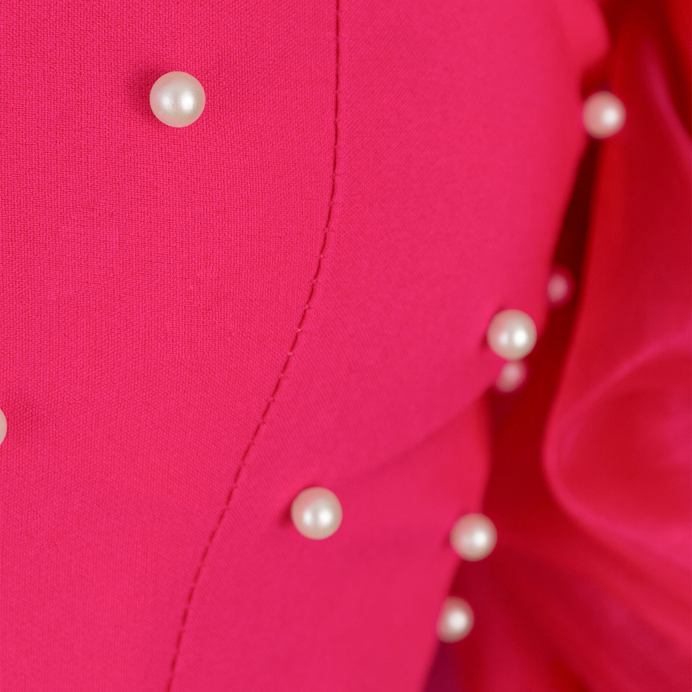 Fuchsia Evening Gown with Puffy Sleeves & Pearl Embellishment