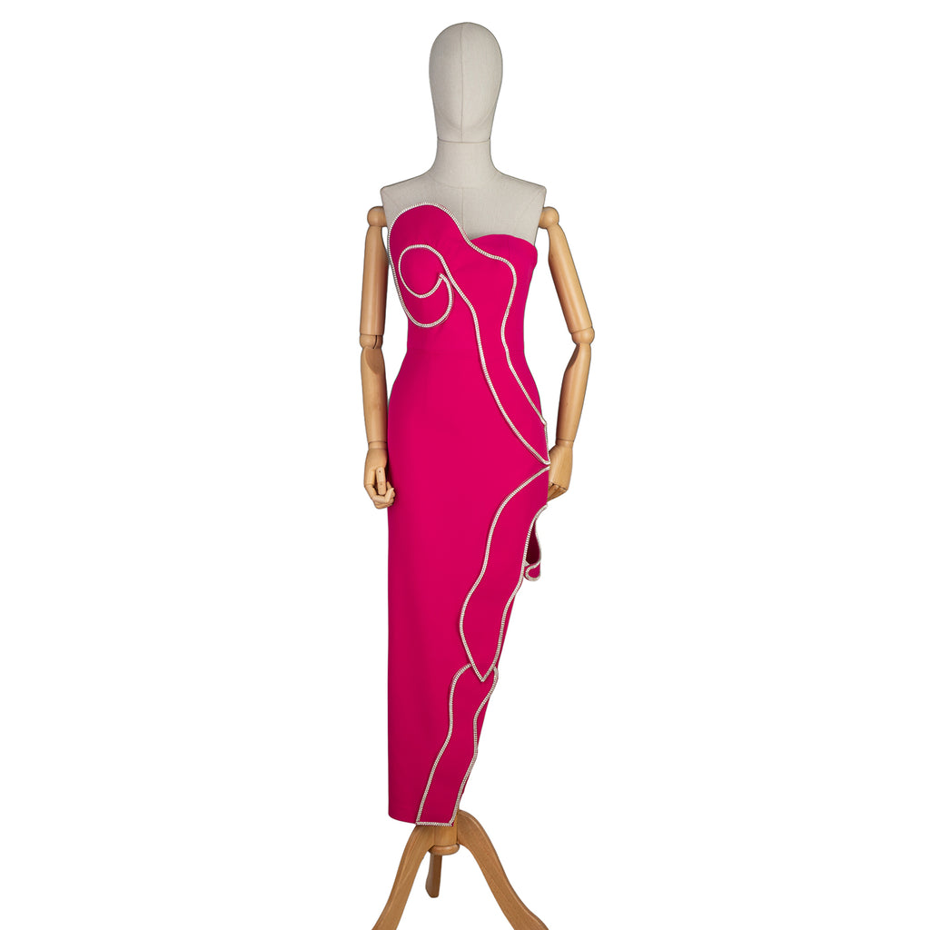Hot Pink Strapless Dress with Wavy Rhinestone Trim