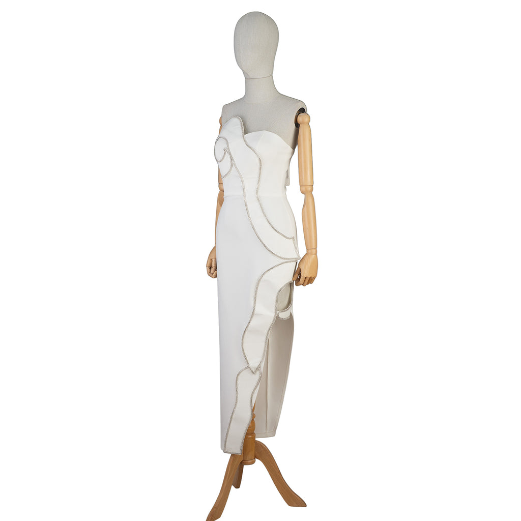 White Strapless Dress with Sculptural Wavy Trim