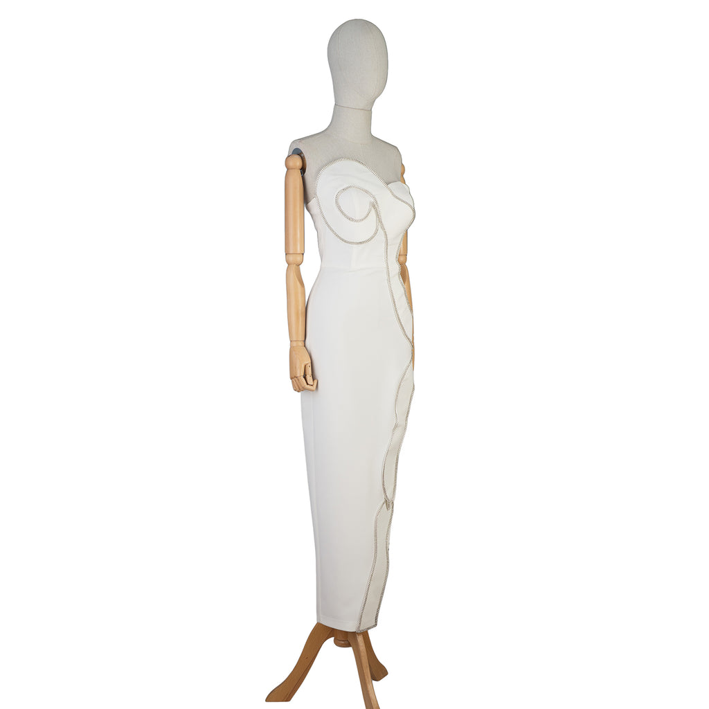 White Strapless Dress with Sculptural Wavy Trim