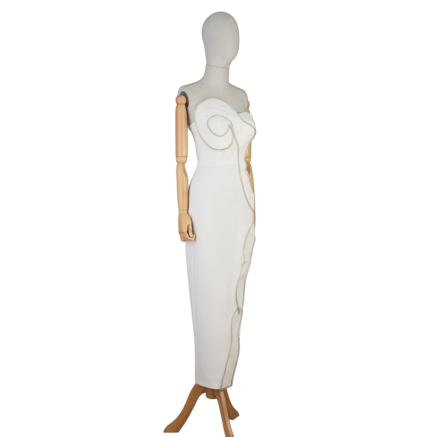 White Strapless Dress with Sculptural Wavy Trim