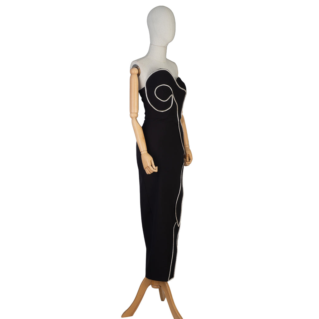 Black Strapless Dress with Sculptural Rhinestone Trim