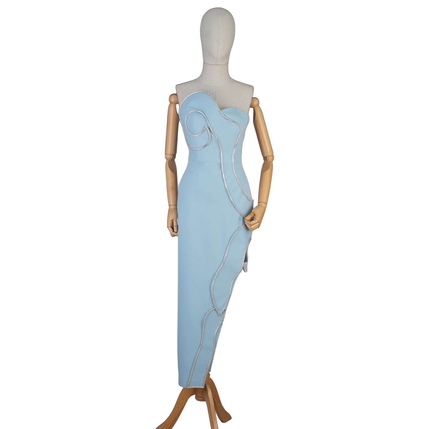 Light Blue Strapless Dress with Sculptural Rhinestone Trim