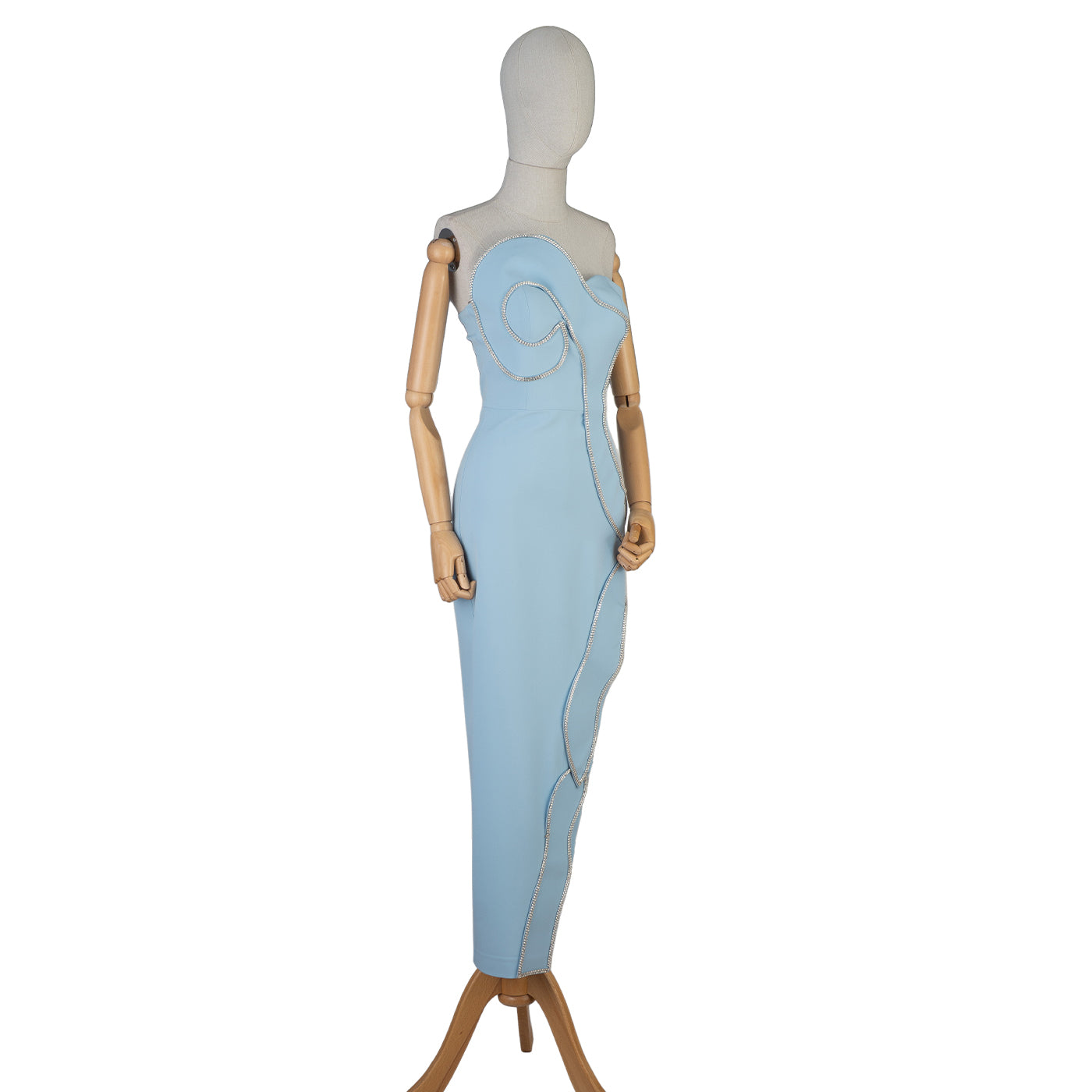 Light Blue Strapless Dress with Sculptural Rhinestone Trim