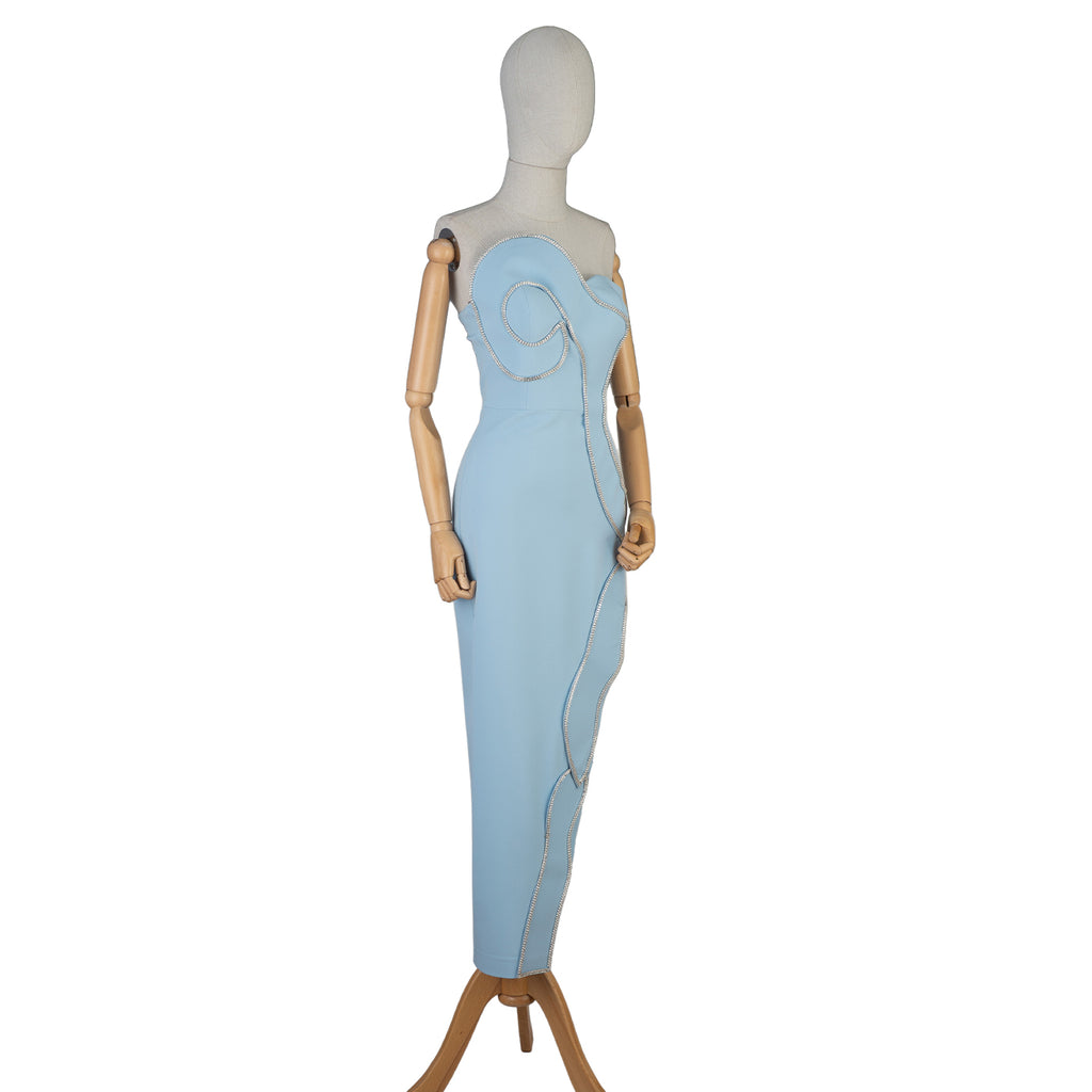 Light Blue Strapless Dress with Sculptural Rhinestone Trim