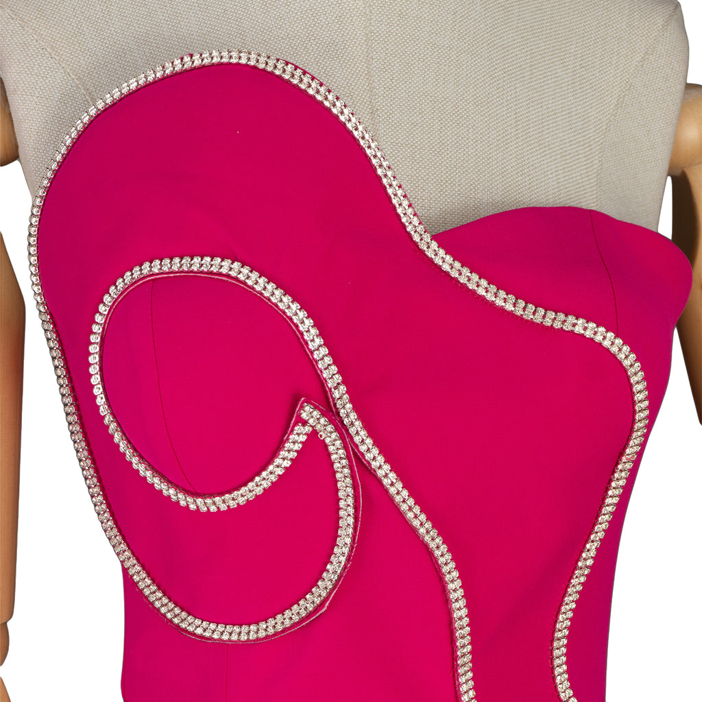 Hot Pink Strapless Dress with Wavy Rhinestone Trim