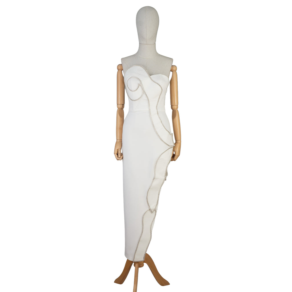 White Strapless Dress with Sculptural Wavy Trim