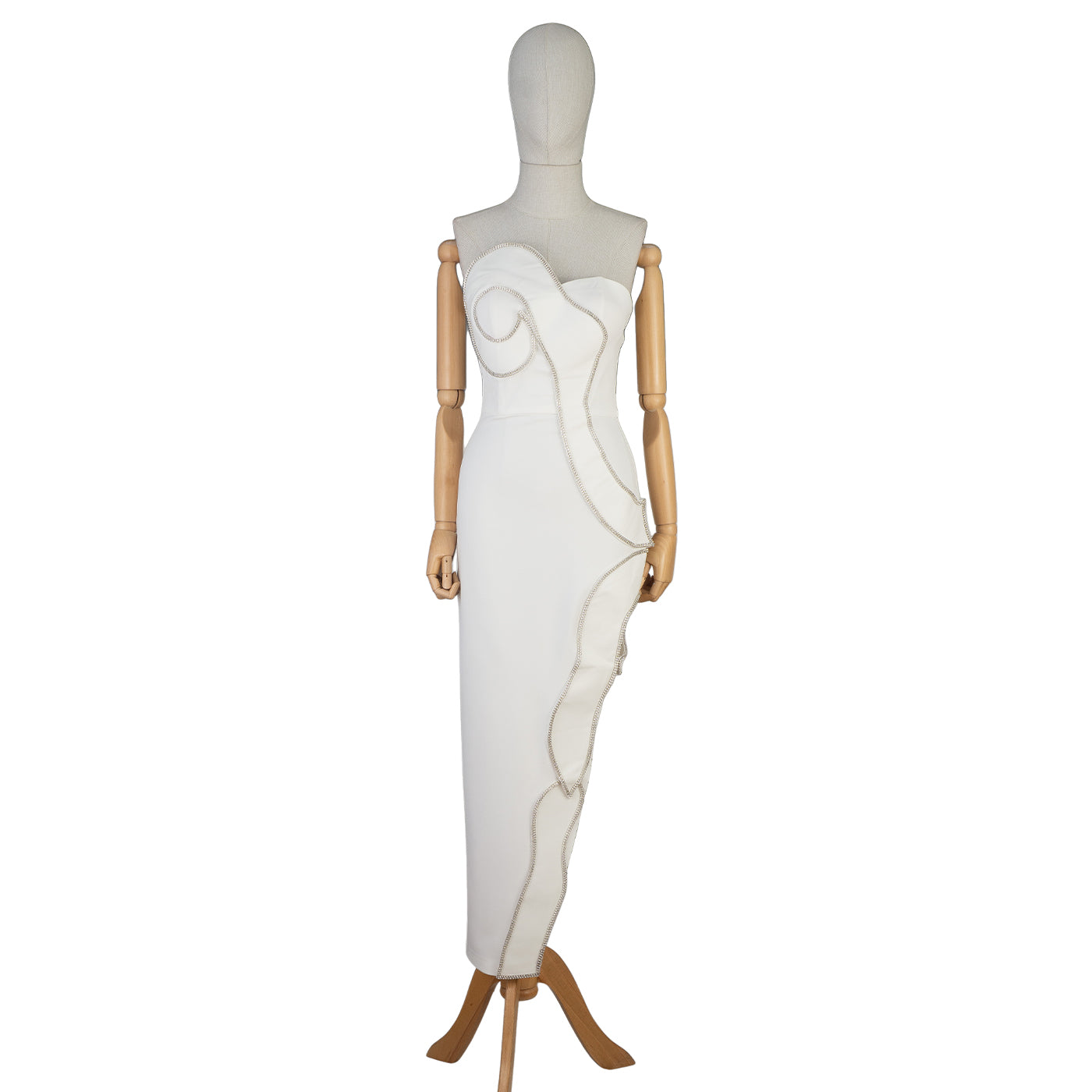 White Strapless Dress with Sculptural Wavy Trim