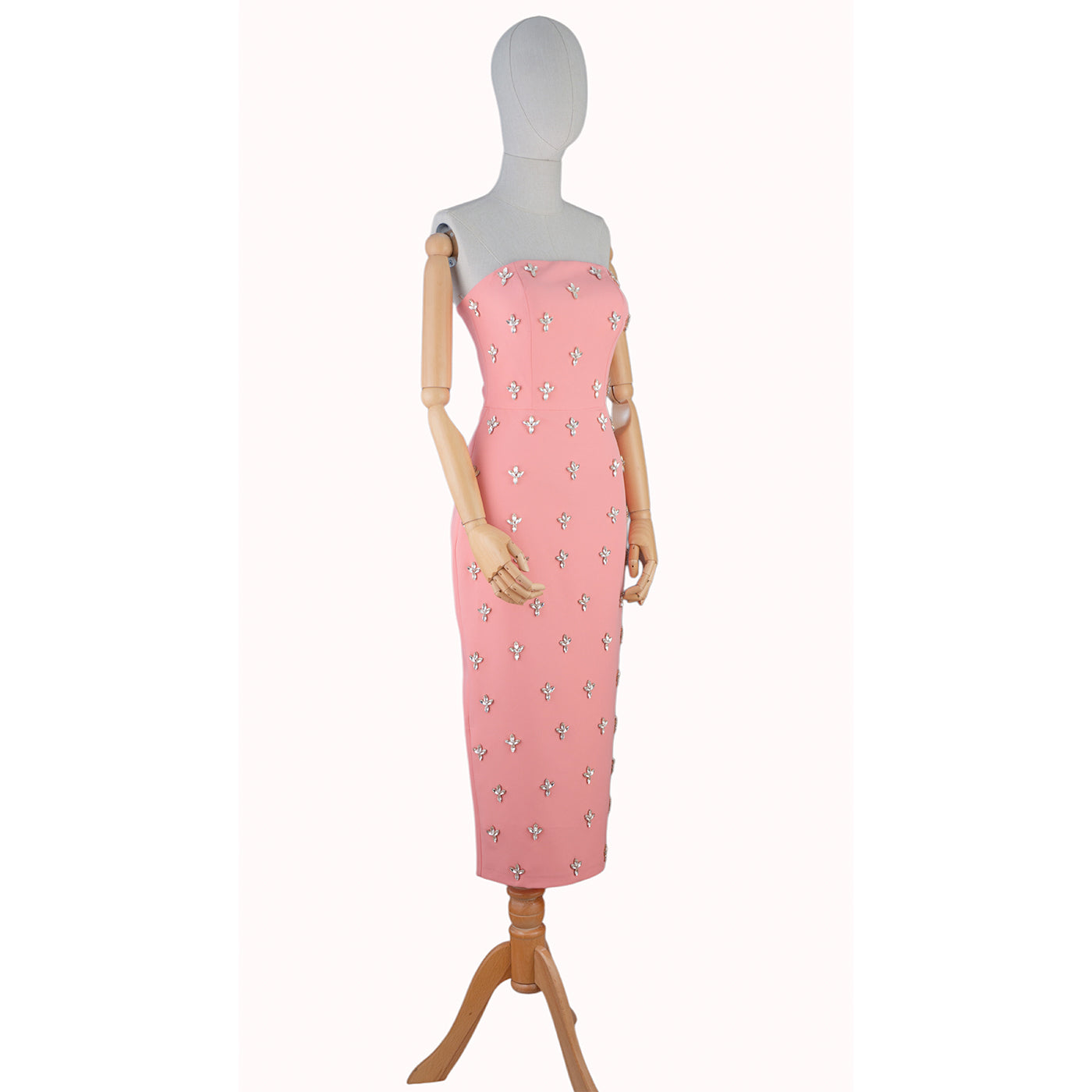 Strapless Pink Embellished Midi Dress