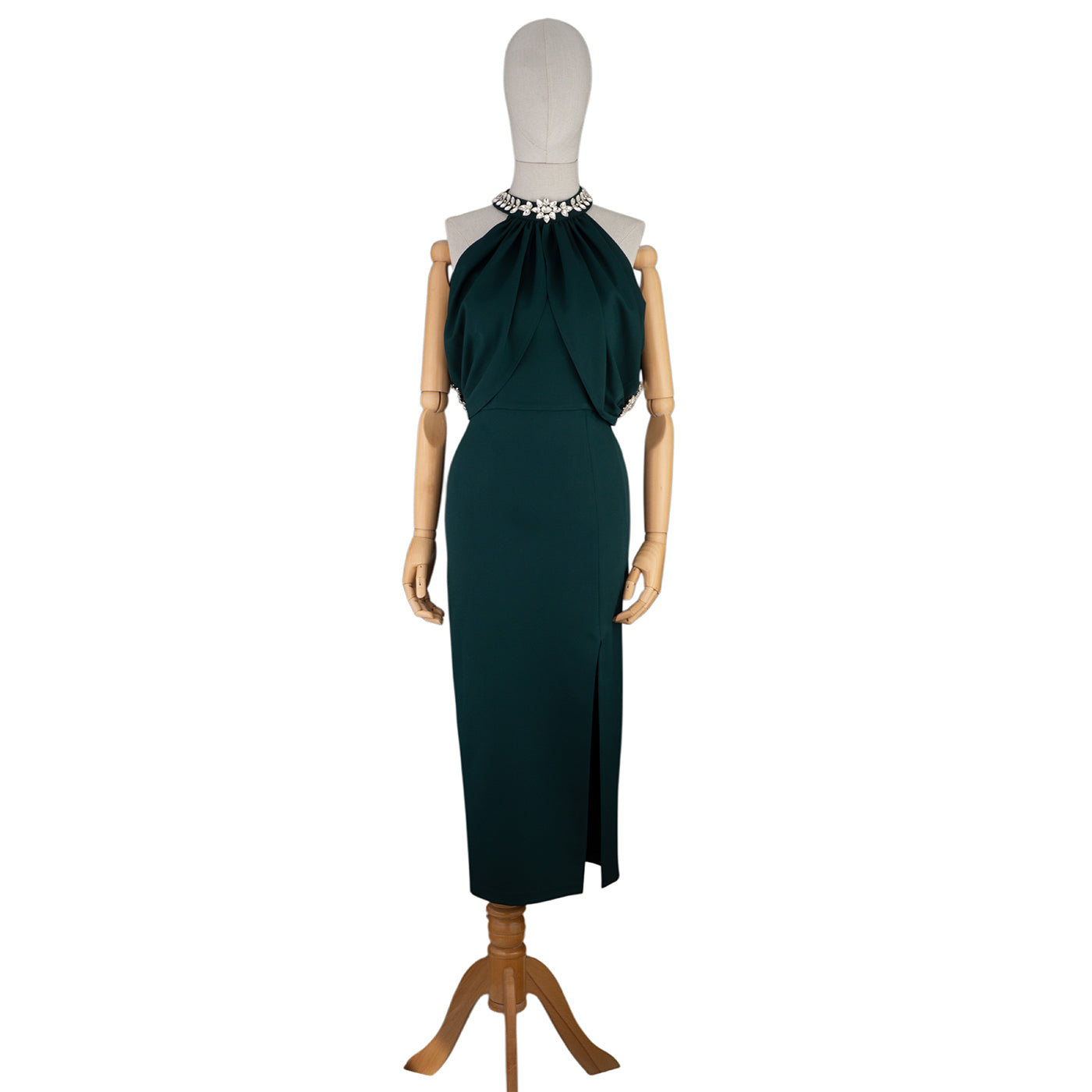 β¨ Elegant Draped Midi Dress with Embellished Neckline