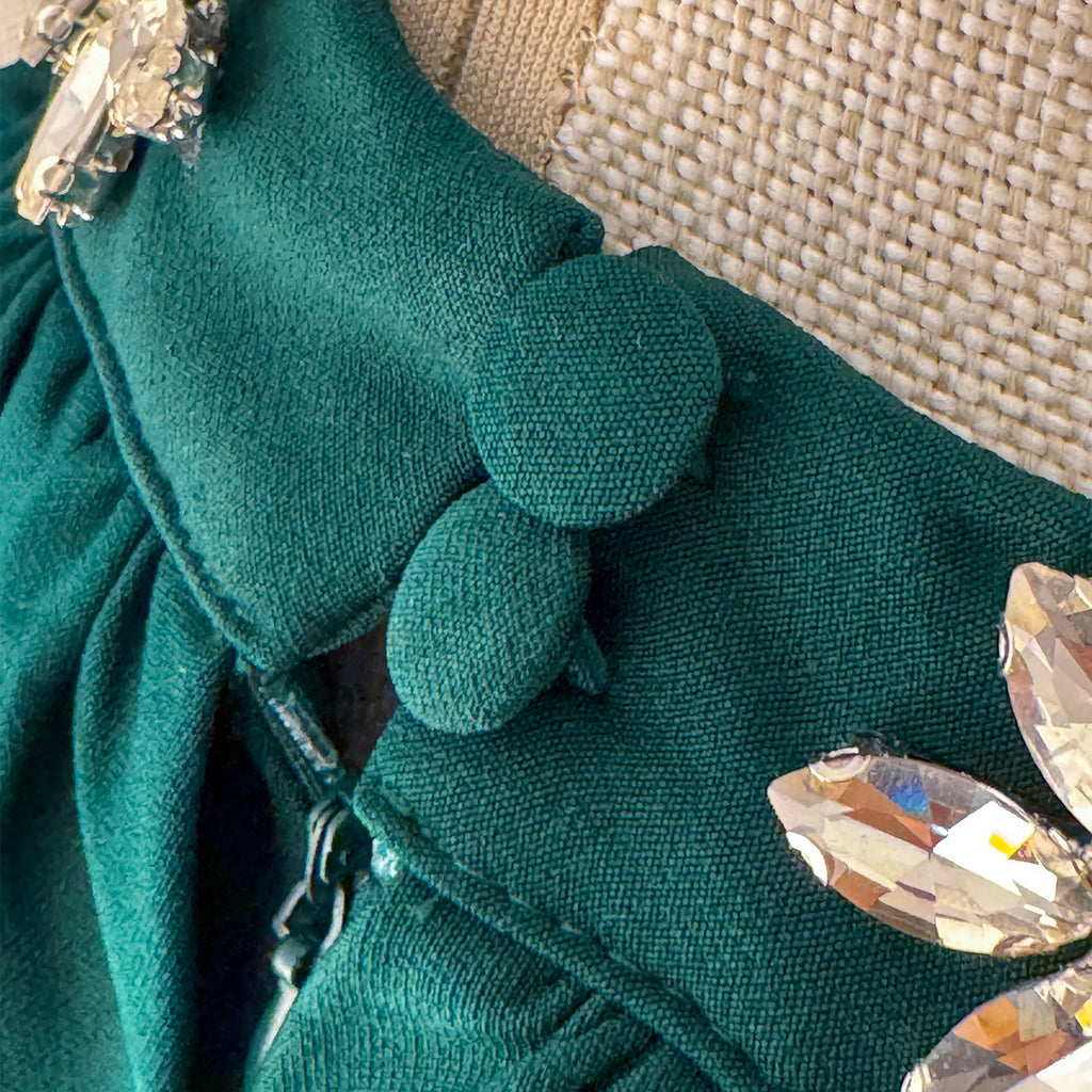 ✨ Elegant Draped Midi Dress with Embellished Neckline