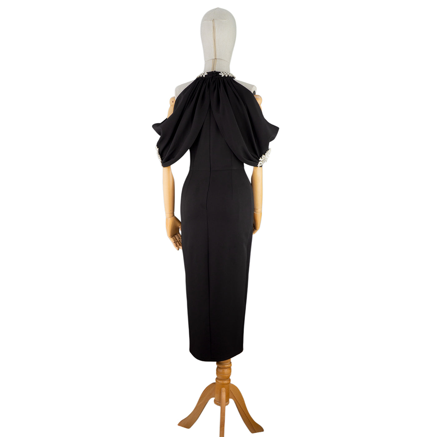 π€ Off-Shoulder Black Midi Dress with Jewel Neckline