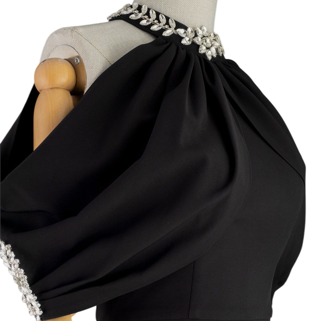 🖤 Off-Shoulder Black Midi Dress with Jewel Neckline