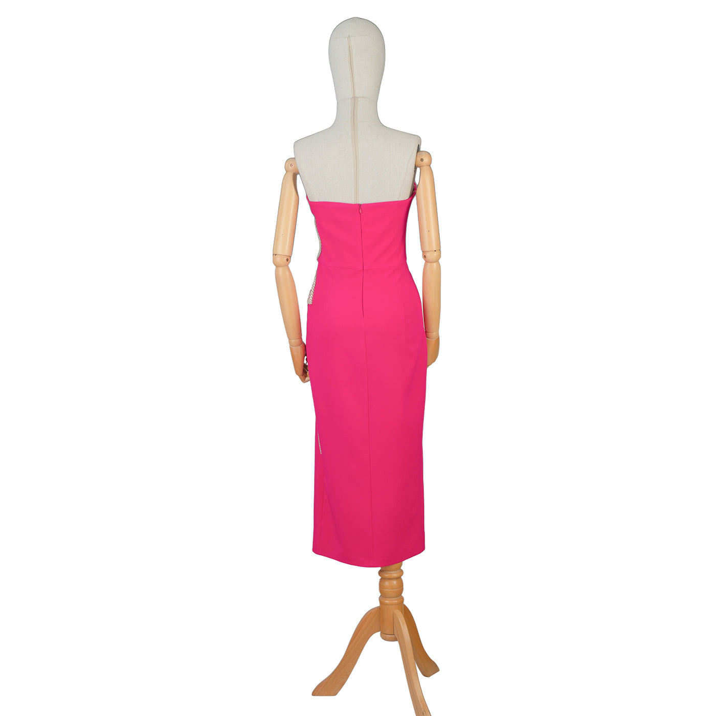 Fuchsia Strapless Midi Dress with Embroidered Waist – Bold and Beautiful