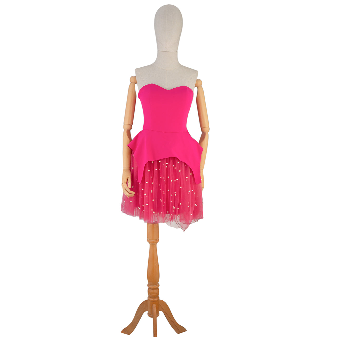 Hot Pink Dress with Tulle Skirt and Pearl Details