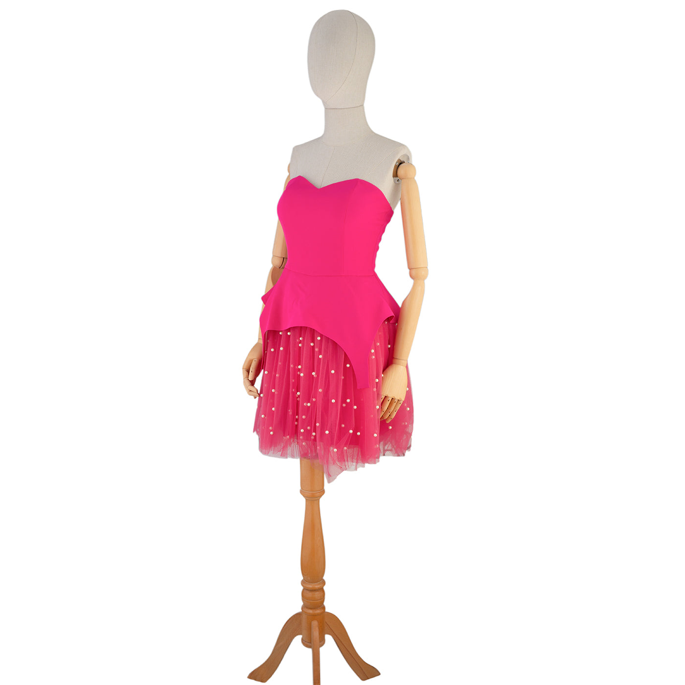 Hot Pink Dress with Tulle Skirt and Pearl Details