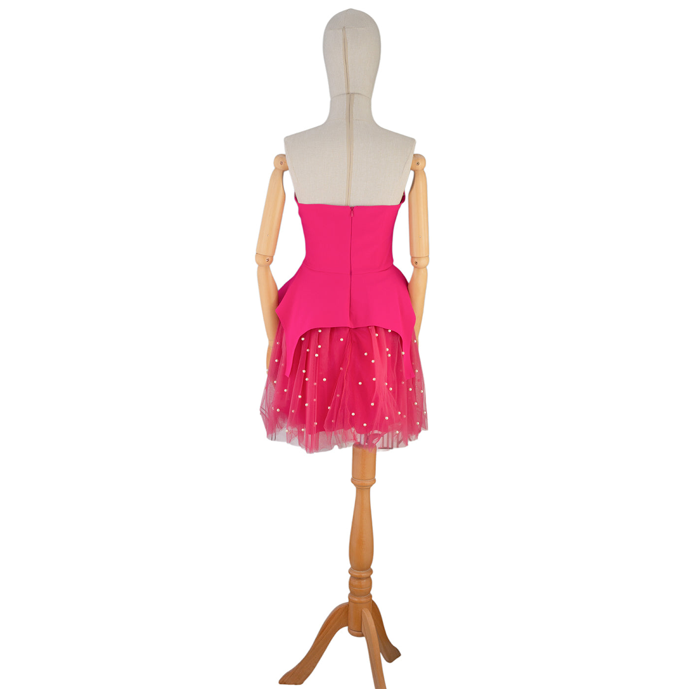 Hot Pink Dress with Tulle Skirt and Pearl Details