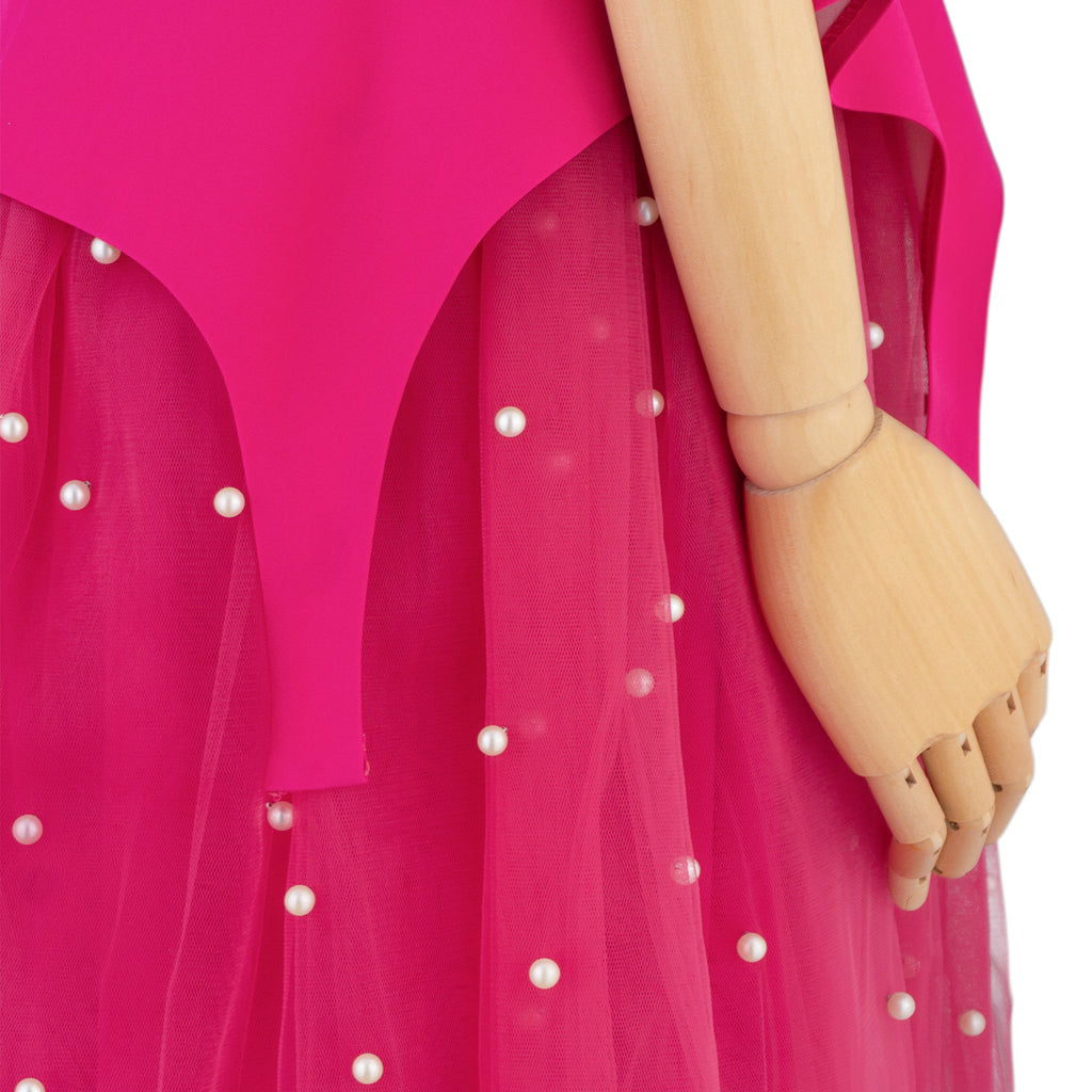 Hot Pink Dress with Tulle Skirt and Pearl Details