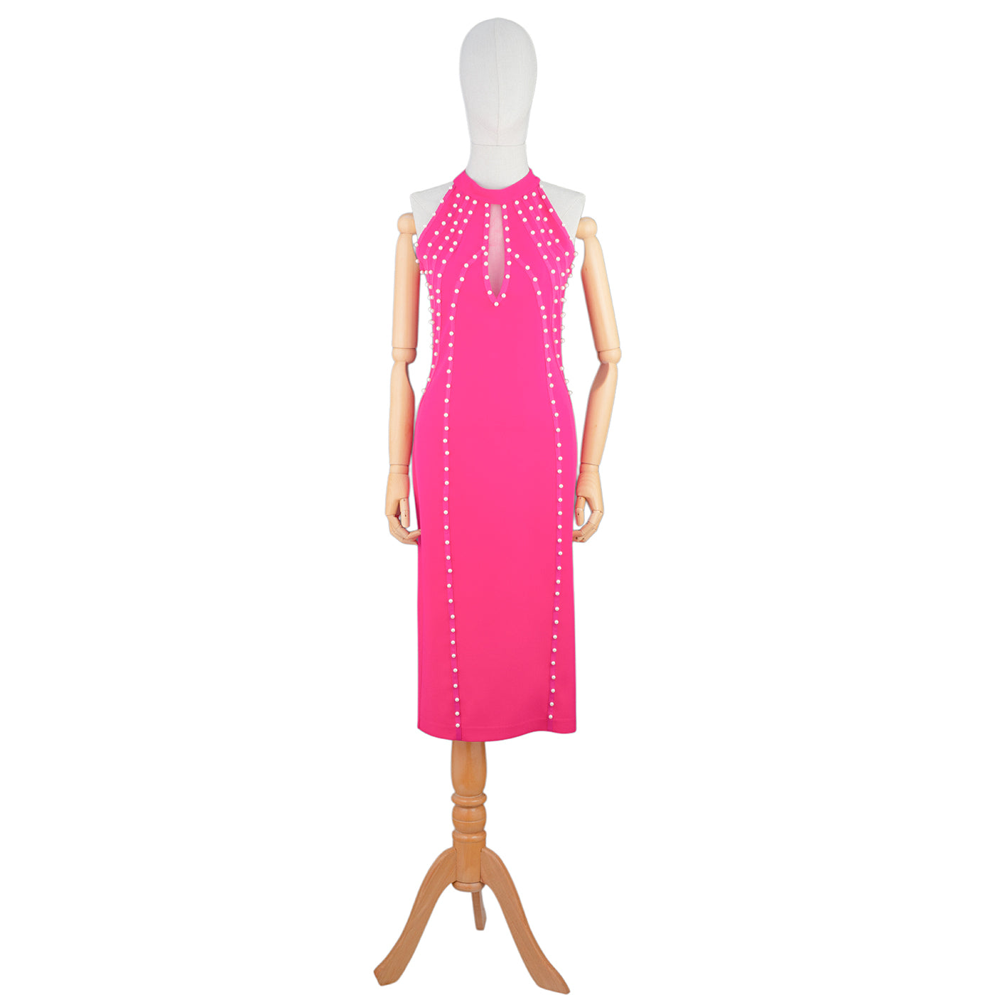 Hot Pink Bodycon Dress with Pearl Stud Accents