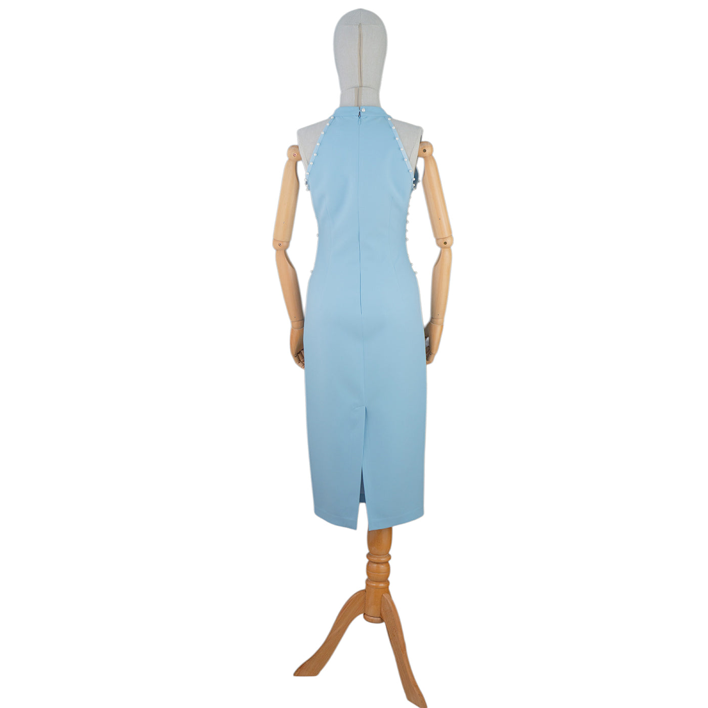💎 Light Blue Bodycon Dress with Pearl Stud Accents