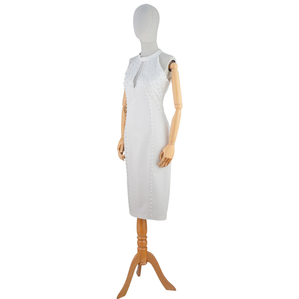 White Bodycon Dress with Pearl Stud Accents