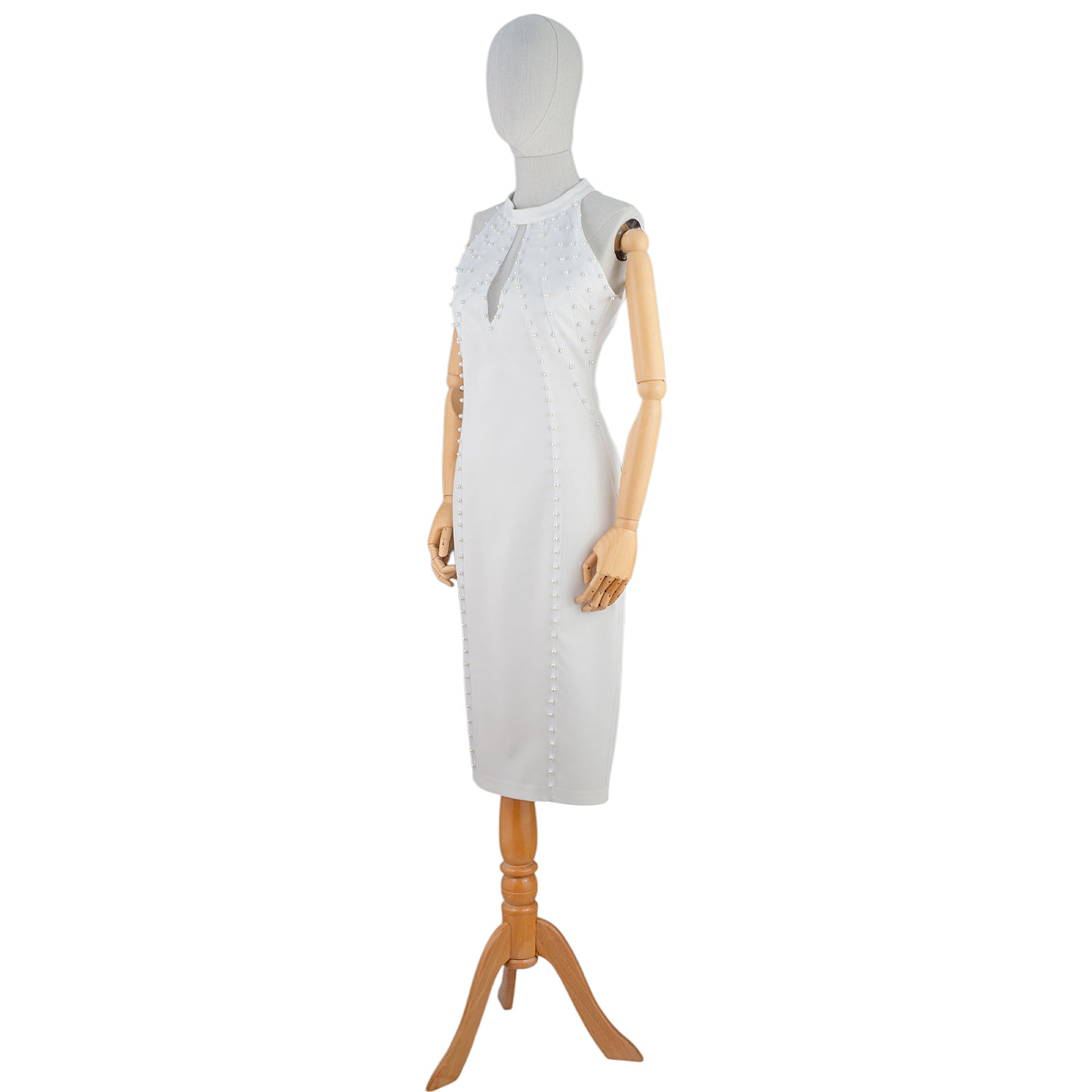 White Bodycon Dress with Pearl Stud Accents