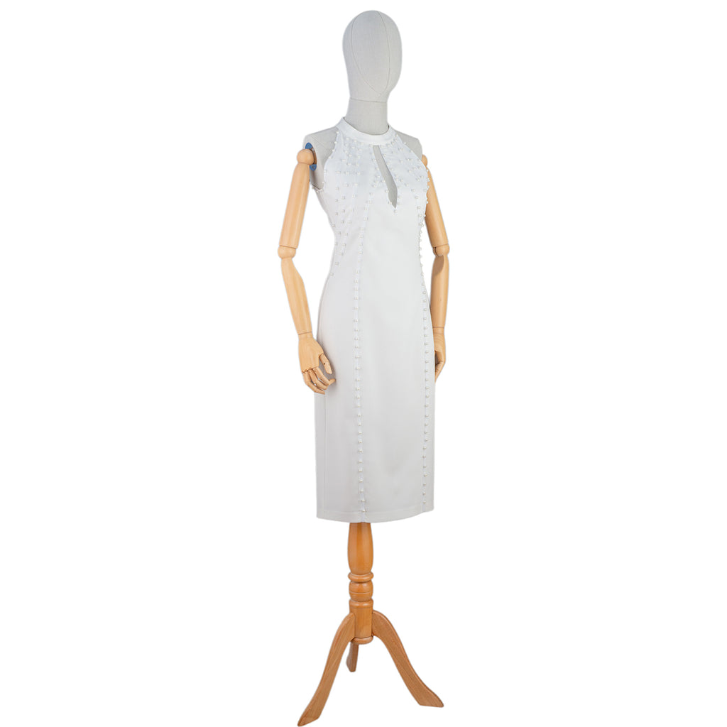 White Bodycon Dress with Pearl Stud Accents