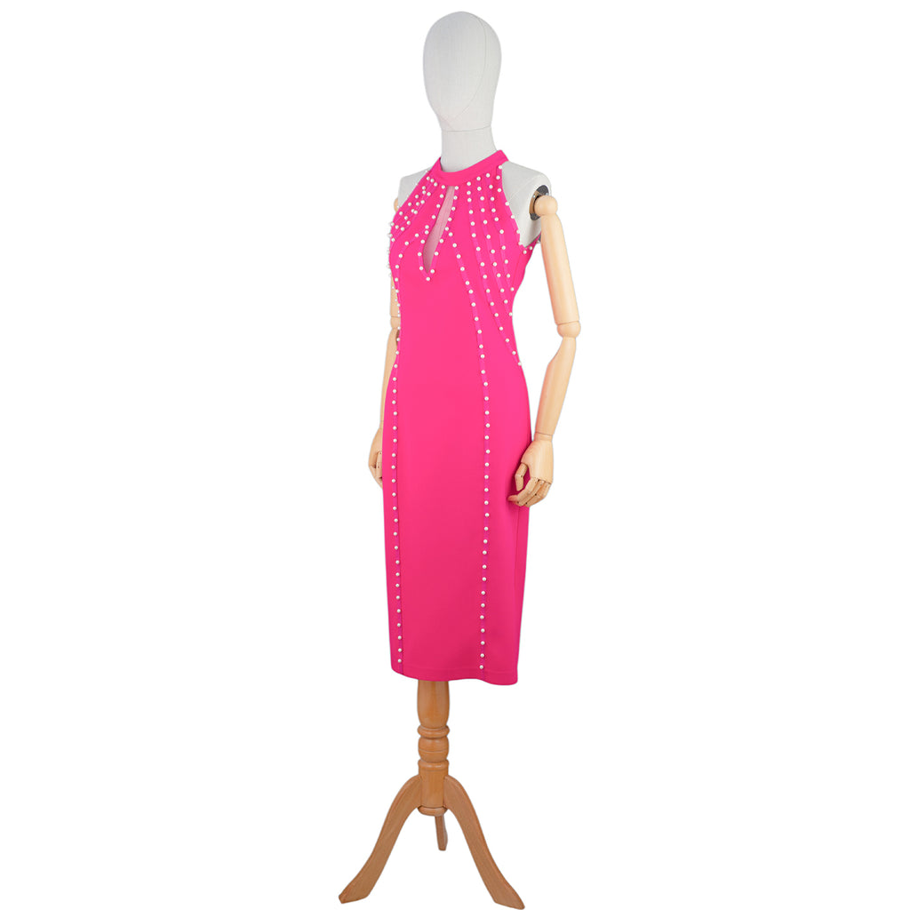 Hot Pink Bodycon Dress with Pearl Stud Accents