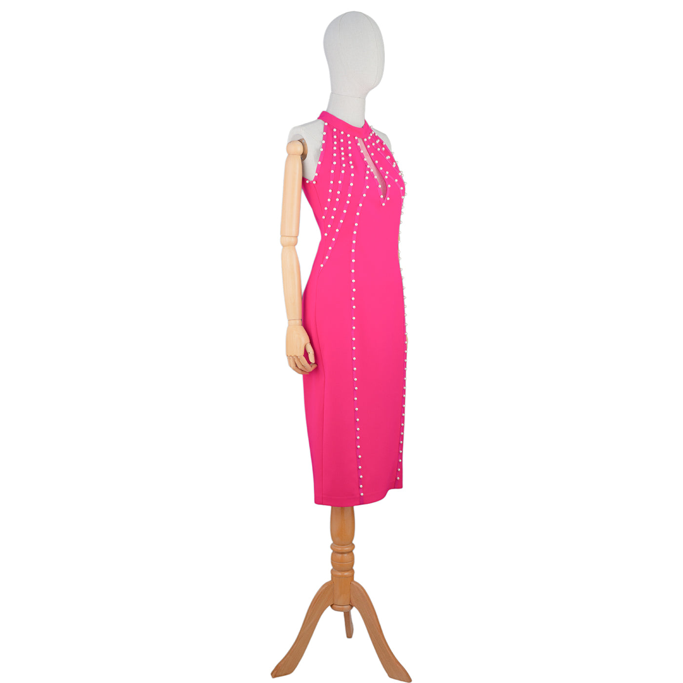 Hot Pink Bodycon Dress with Pearl Stud Accents