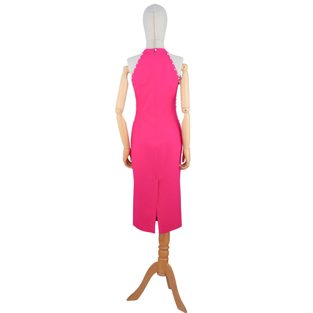 Hot Pink Bodycon Dress with Pearl Stud Accents